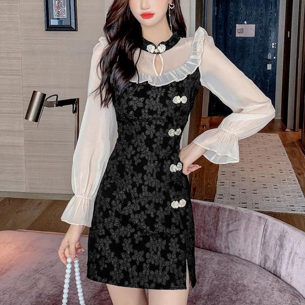 

casual dresses vintage gothic cheongsessam dress women elegant patchwork design mini black embroidery long sleeve party 2021 fall, Black;gray