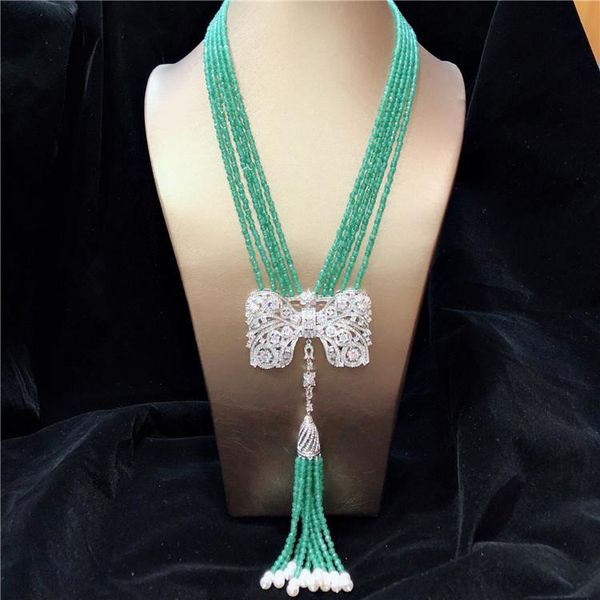 

chains hand knotted multilayer noble white natural freshwater pearl green stone micro inlay zircon tassel necklace fashion jewelry, Silver