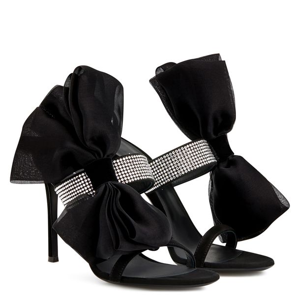 

2022 new satin ladies leather 9.5cm high heel sandals shoes slipper diamond lace bowtie open toe one-line buckle sandal slip-on wedding part, Black