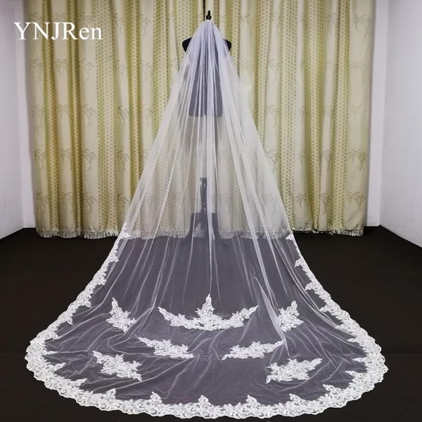 

bridal veils arrival long cathedral veil ivory lace appliques custom made with comb veu de noiva catedral, Black
