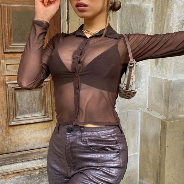 

women's t-shirt tie dye mesh button up crop women clothing vintage streetwear y2k clubbing outfits see through long sleeve t shirts, White