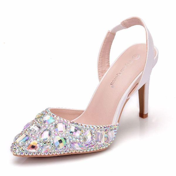 

sandals women wedding party banquet pu rhinestones slip on 9cm thin high heels pointed toe sandal for shoes size 35-42, Black