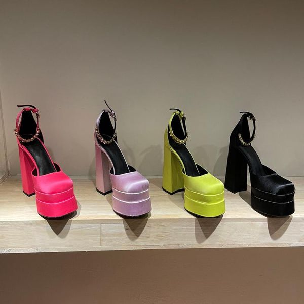 

sandals women silk fall winter pumps super high heels platform thick shoes square toe crystal, Black