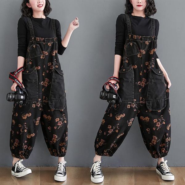

loose jeans black casual womens romper oversized baggy pants big pockets print floral denim overalls straps jean rompers, Black;white