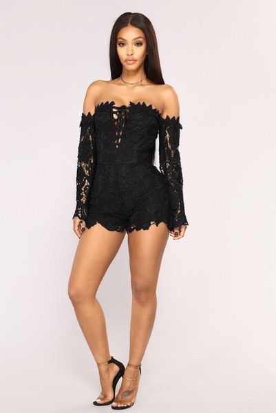 

women's jumpsuits & rompers ahvit spring long sleeve skinny romper solid color lace slash collar backless playsuits jlx3068, Black;white
