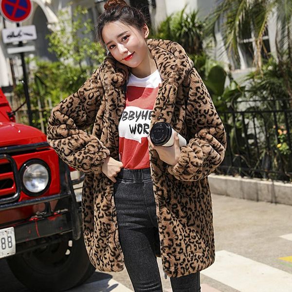 

women's fur & faux ropa mujer invierno 2021 medium-length leopard print hooded coat women casaco feminino female winter plush outerwear, Black
