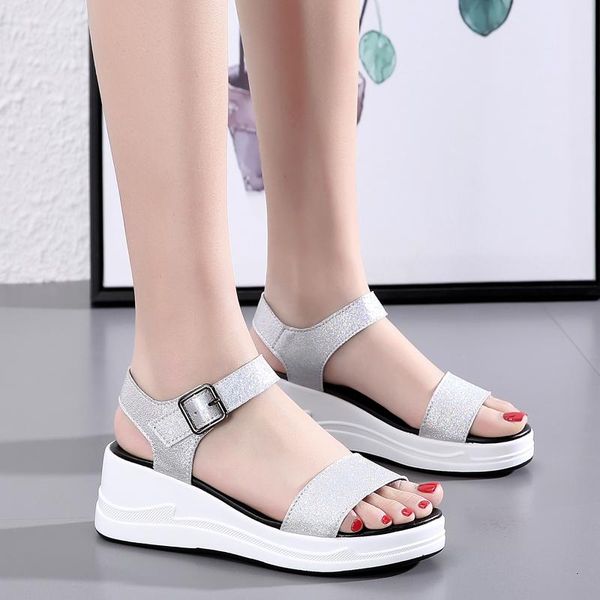

sondr 2021 platform sandals women summer silvery chunky breathable shoes silver buckle strap female sandalias mujer, Black