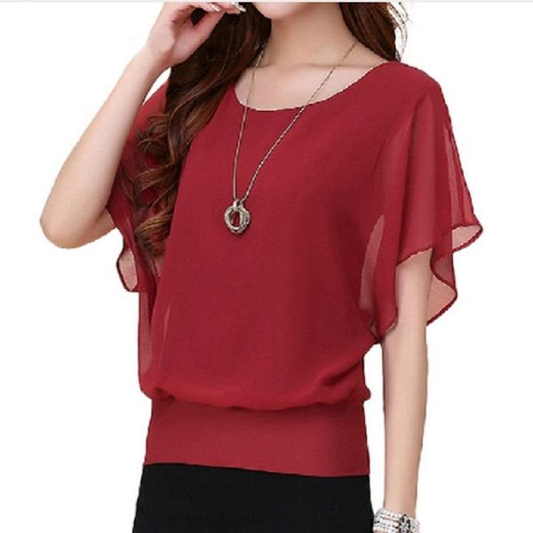 

plus size 5xl chiffon blouse women 2021 summer fashion short bat sleeve pure color casual loose oversized shirts women's blouses &, White
