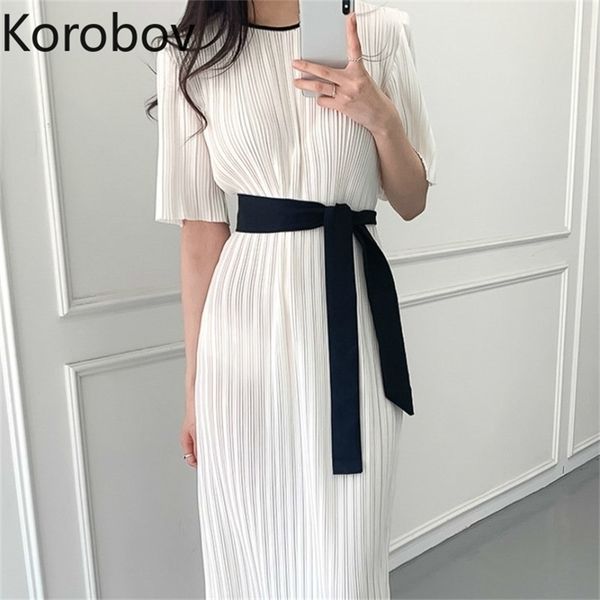

korobov korean hit color patchwork women dress vintage o neck short sleeve dresses lacing bow ol vestidos femme 210430, Black;gray