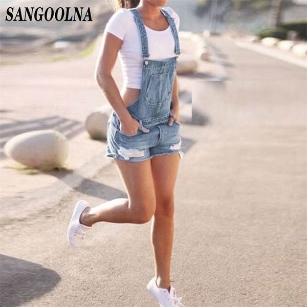 Kısa Denim Genel Delik Tulum Yüksek Bel Rahat Kot Playsuit Yıkanmış Salopette Sapanlar Yaz Romper 210629