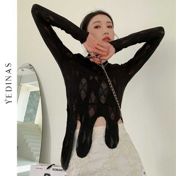 

yedinas spring asymmetrical long sleeve crop women blouse see through turtleneck designer ladies fashion slim s 210527, White