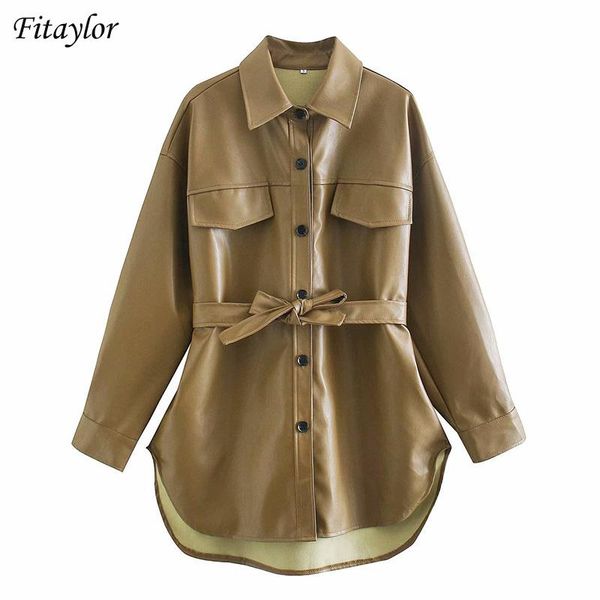 

women's leather & faux fitaylor women pu jacket with belt spring autumn female lapel single breasted loose coat streetwear outwear, Black