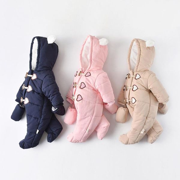 

born infant baby boys girl clothes toddler heart thick fleece autumn winter long sleeve hooded romper jumpsuit+gloves jumpsuits, Blue