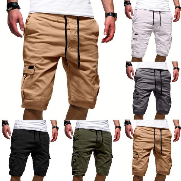 

men's shorts casual pants elastic waist cargo outdoor workout jogger drawstring pockets sweatpants sport siold bandage pant, White;black