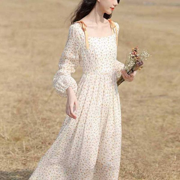 

sweet fresh print chiffon dresses for women spring bandage design elegant lantern sleeve vestido feminino 210525, Black;gray