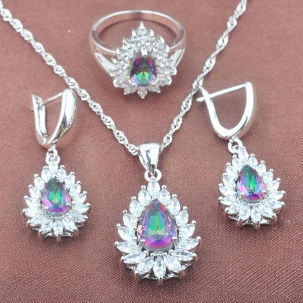 

earrings & necklace female rainbow zirconia water drop jewelry set for women weedding silver color sets tz0571