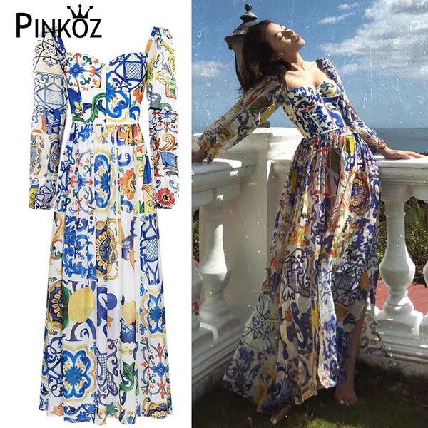 Vintage azul e branco runway designer maxi vestido quadrado colar de manga comprida chiffion pey boho vestidos para as mulheres 210421