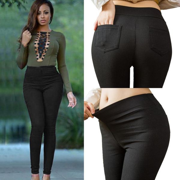 

casual high waist cotton pockets women pant stretchy slim solid color pencil trousers fashion skinny long plus size, Black;white