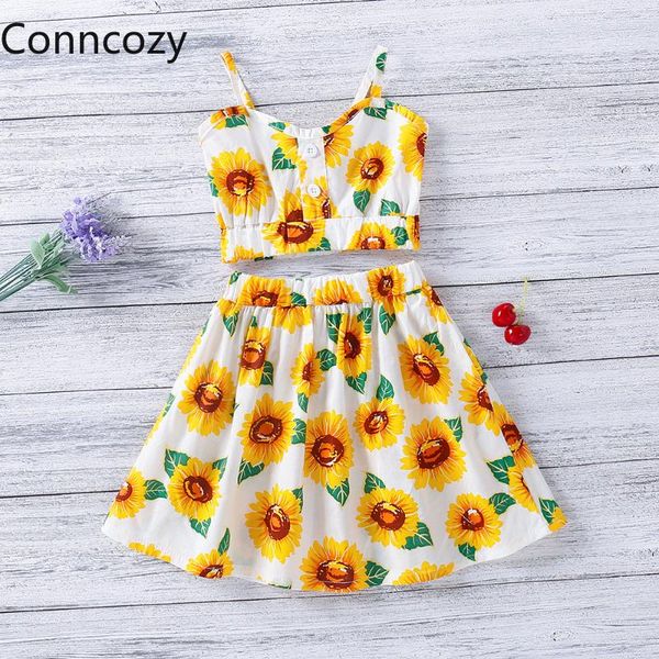 

clothing sets children's 2021 summer girls sunflower camisole + high waist short skirt two-piece suit set clothes, White