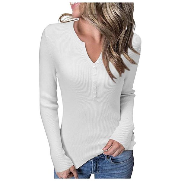 

women's blouses & shirts v neck sweater long sleeve ribbed knit button solid color pullover slim fit women bluzki, White