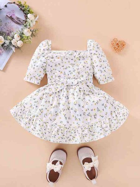 

baby ditsy floral puff sleeve ruffle hem belted dress she, Red;yellow