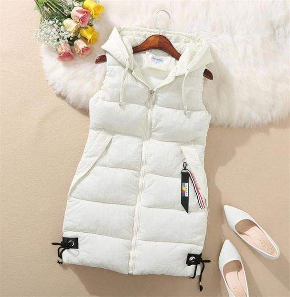 

women's vests fashion leisure high street trend medium long hooded vest down cotton jacket autumn winter sleeveless, Black;white