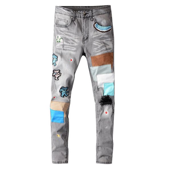 

men's jeans bear embroidery patchwork gray jeans streetwear embroidered slim skinny stretch denim pants itp6, Blue