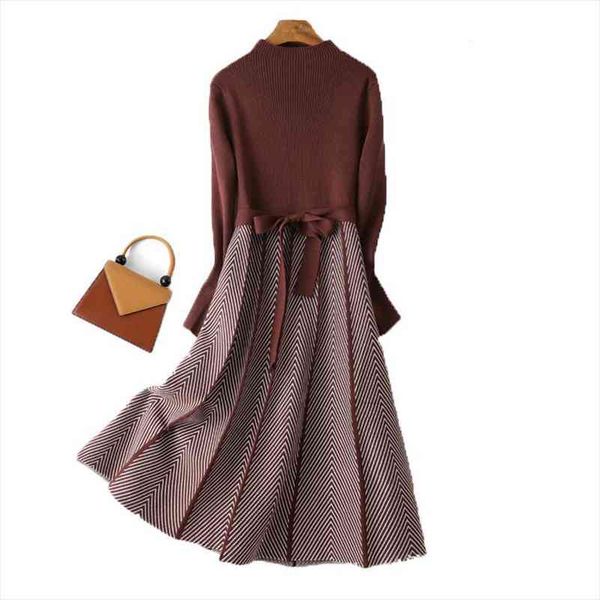 

high collar a line womens dresses knit thickened arrow striped elegant sashes knitted, Black;gray
