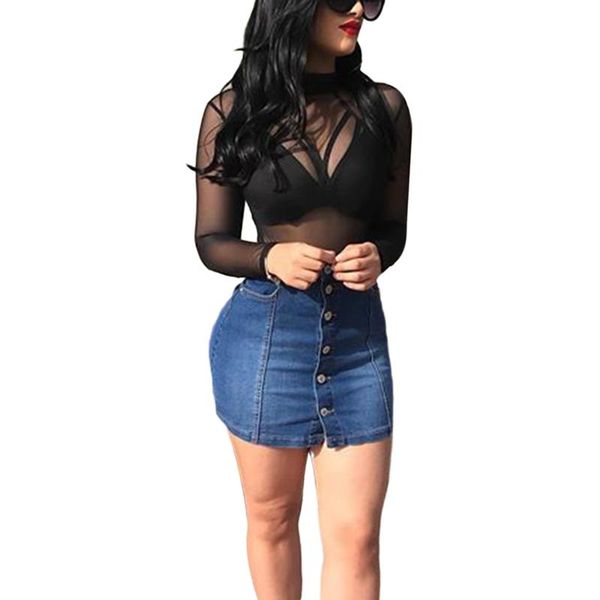 

summer women's button down denim skirt high waist washed bodycon mini jean skirts with pockets, Black