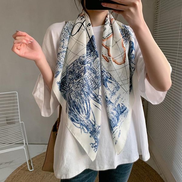 

scarves 2021 90 * 90cm design scarf lady shawl printed silk felt headscarf square wrap luxury foulard, Blue;gray