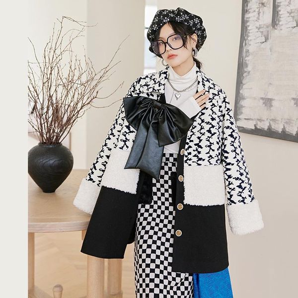 

women's wool & blends winter coat 2021 woolen wholesale removable bow splicing lamb cashmere quilted coats, Black