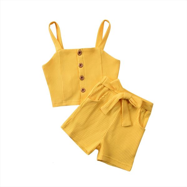 

summer solid kids girls ribbed set straps button and short pants 2 piece suits clothes, White