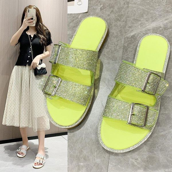 

slippers flat-bottom for women to wear 2021 summer fashion korean edition water diamond belt buckle, Black