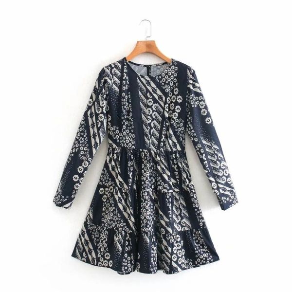 

casual dresses women vintage printing ruffle tiered dress female o neck long sleeve clothes lady loose vestido d6808, Black;gray