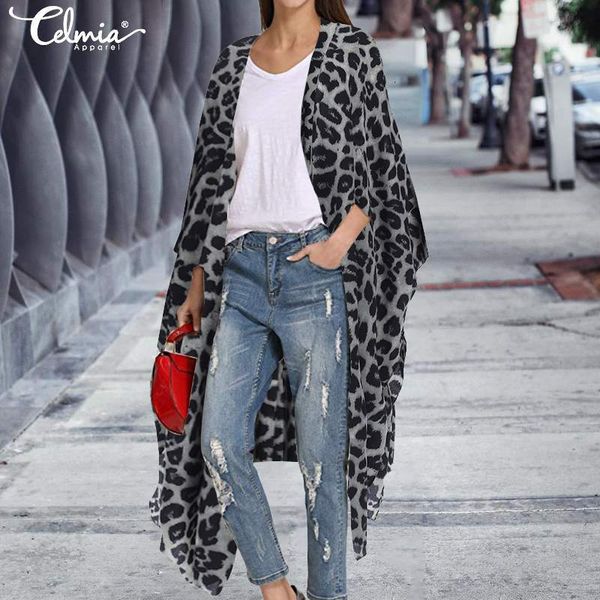 

blouses vintage cardigan shirts cover up celmia women leopard print long sleeve blouses casual beach plus size kimono 5xl, White