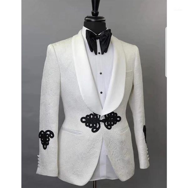 

men's suits & blazers white floral jacquard men for wedding 2 piece slim fit groom tuxedo with black pants man fashion costume male set, White;black