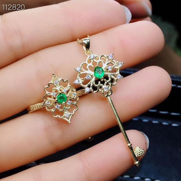 

bracelet, earrings & necklace natural green emerald s925 silver ring pendant gemstone jewelry set restoring hollowing lovely key girl party, Black
