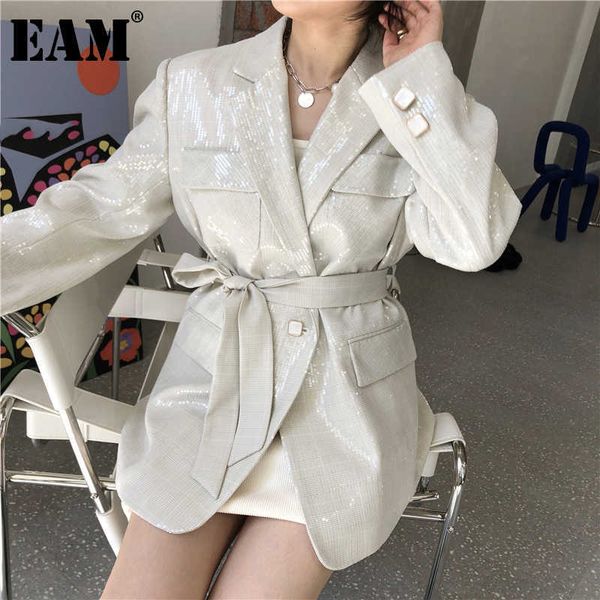 

[eam] women beige sequins big size blazer lapel long sleeve loose fit jacket fashion spring autumn 1da501 210930, White;black