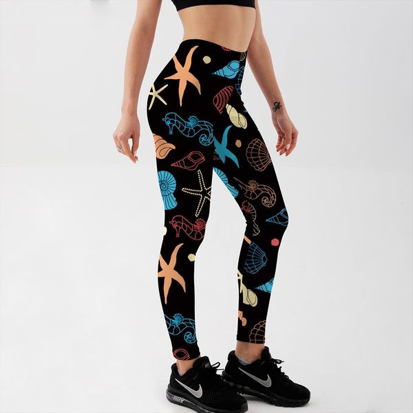 

sportswear high waist fitness workout women legging fashion pattern digital printing push up elastic force, Black