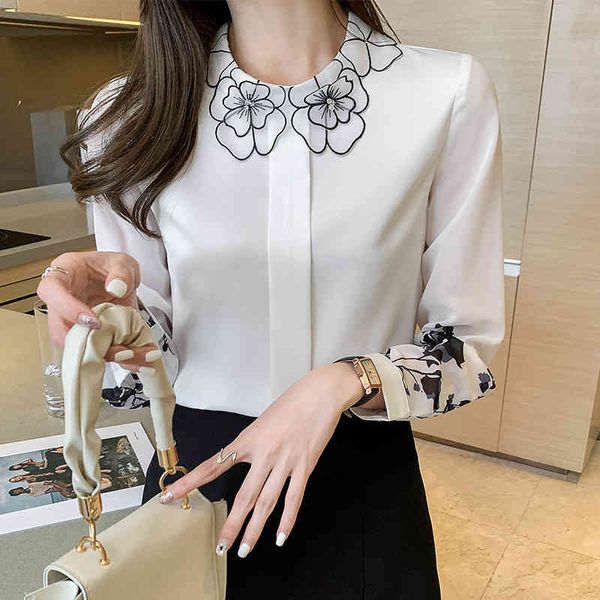 

korean women shirts chiffon blouses for long sleeve shirt floral woman white print blouse plus size 210427
