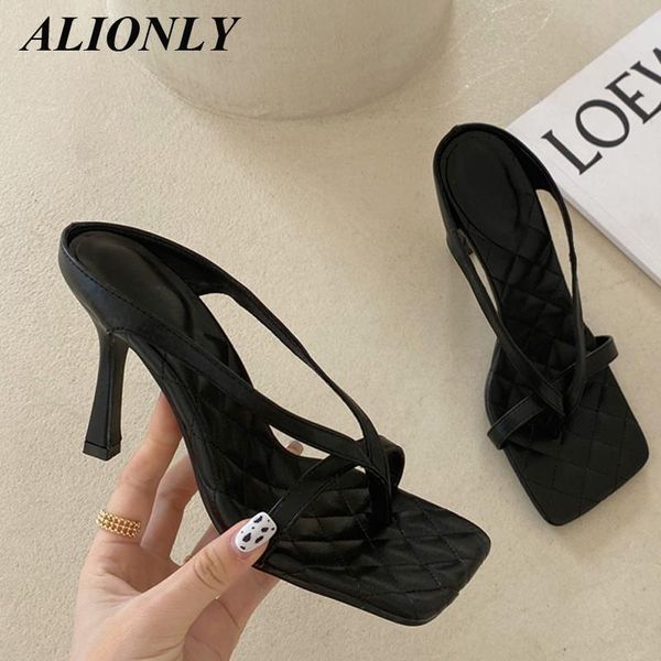 

slippers alionly high heels for women 2021 summer square toe clear sandals flips flops shoes, Black