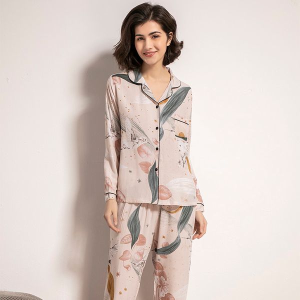 

2021starry sky and floral printed women pajamas set comfort cotton satin full sleeve homewear ladies tender casual wear for spring, Black;red
