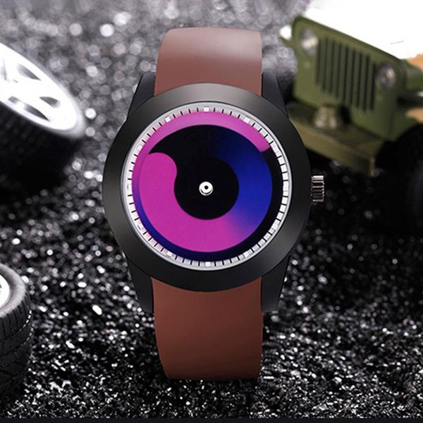 

wristwatches stylish men watch creative colorful vortex dial brown silicone band minimalist spiral quartz wristwatch clocks whatches 2021, Slivery;brown