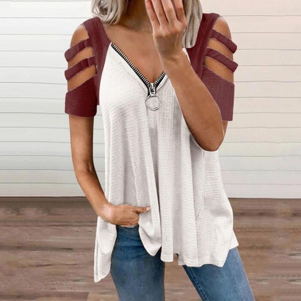 

women's t-shirt women zipper v-neck color hollow out short sleeve t shirt fold casual ruched summer tee femme 2021, White
