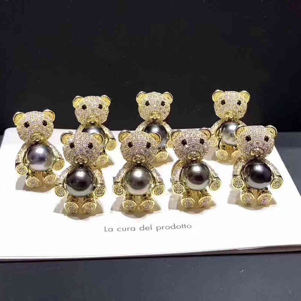 Broche DIY Acessórios Espessos Gold-banhado a ouro micro embutidos zircon urso pérola coreana moda vazia titular