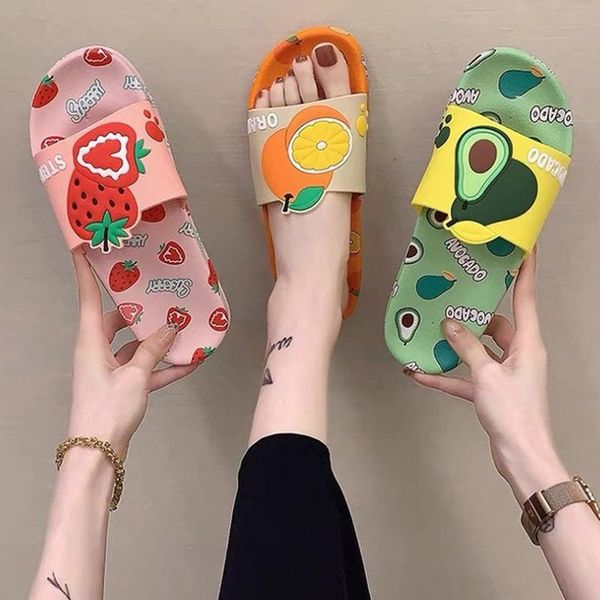 

slippers 2021 females cute cartoon fruit casual outdoor sandals woman summer non-slip beathroom slides ladies shoes flip flops, Black