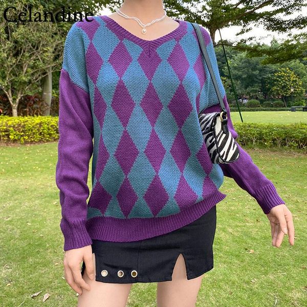 

women's sweaters celandine v neck long sleeve plaid knitted sweater women loose oversized pullover jumper casual autumn winter 2021, White;black