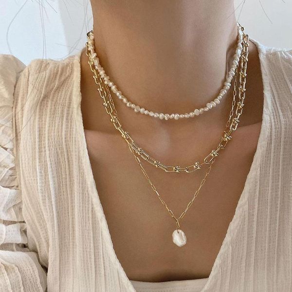 

pendant necklaces korean vintage multilayer baroque pearl necklace for women retro heart jewelry clavicle chain, Silver