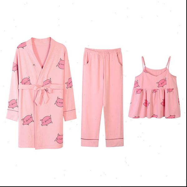 

cute cartoon pig girl womens sleepwears pajamas sets spring autumn pink 3 pieces homewear v neck cotton long sleeves pants, Black;red