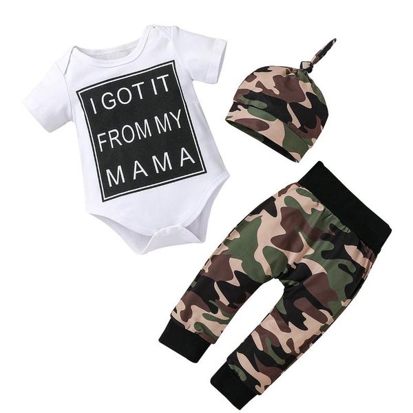 

clothing sets born baby boy clothes set infant letter print romper+camouflage long pants+hat 3pcs outfits (white black+camo,0-6 months)